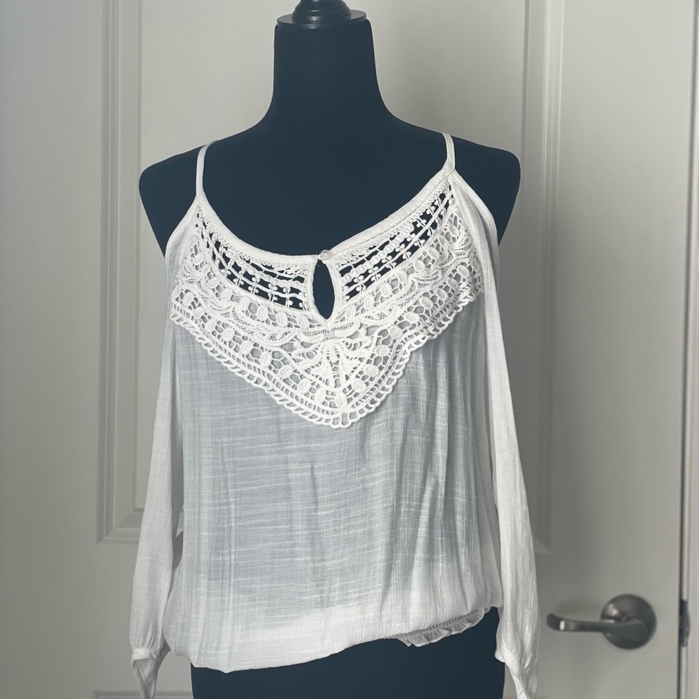 Contrast Guipure Lace Cold Shoulder Blouse (Color : White, Size : XLarge)
